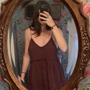 Free People Burgundy Mini Dress with Spaghetti Straps and pockets